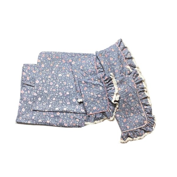 Vintage 70s Croscill Curtains Shams Set 6 Blue Gray Floral Lace Cottage Rare htf - Picture 1 of 6